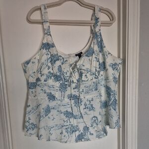 Torrid NWOT White and Light Blue Toile Tie-Front Peplum Camisole